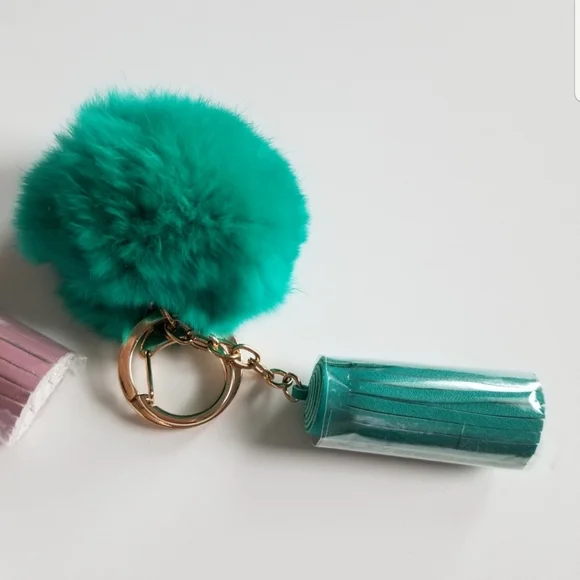 3 Faux Fur Pom Leather Tassel Keychain Bag Charms - Picture 5 of 7
